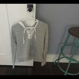 Grey Knit Lace Up Hooded Sweatshirt